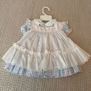 Vintage 1980s girls dress blue and pink plaid with white lace pinafore